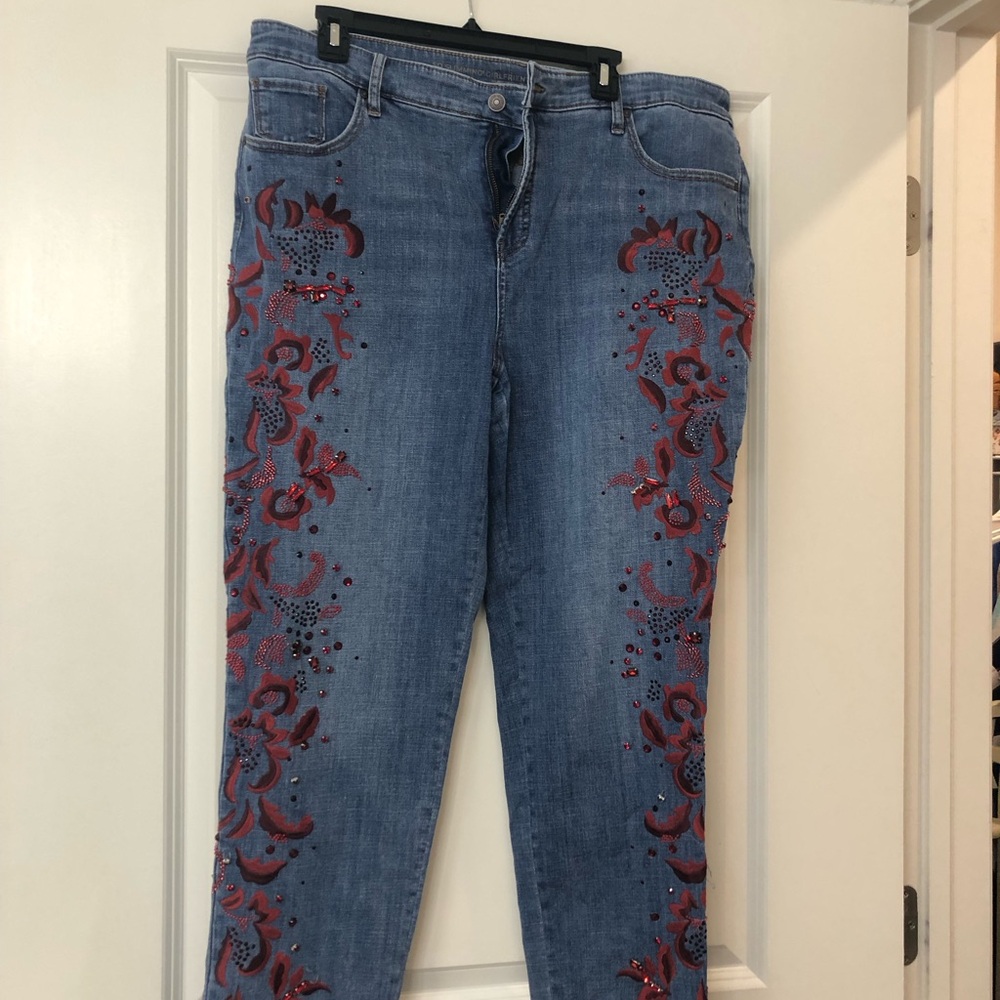 Chico's Blue Straight Leg Jeans with Red Embroidery